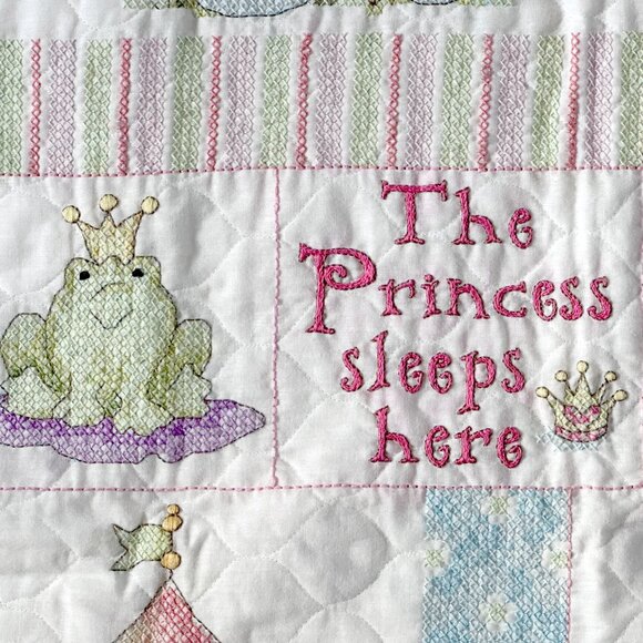 Baby Quilt Blanket "The Princess Sleeps Here" Hand Cross Stitched - Darling! - Picture 3 of 8